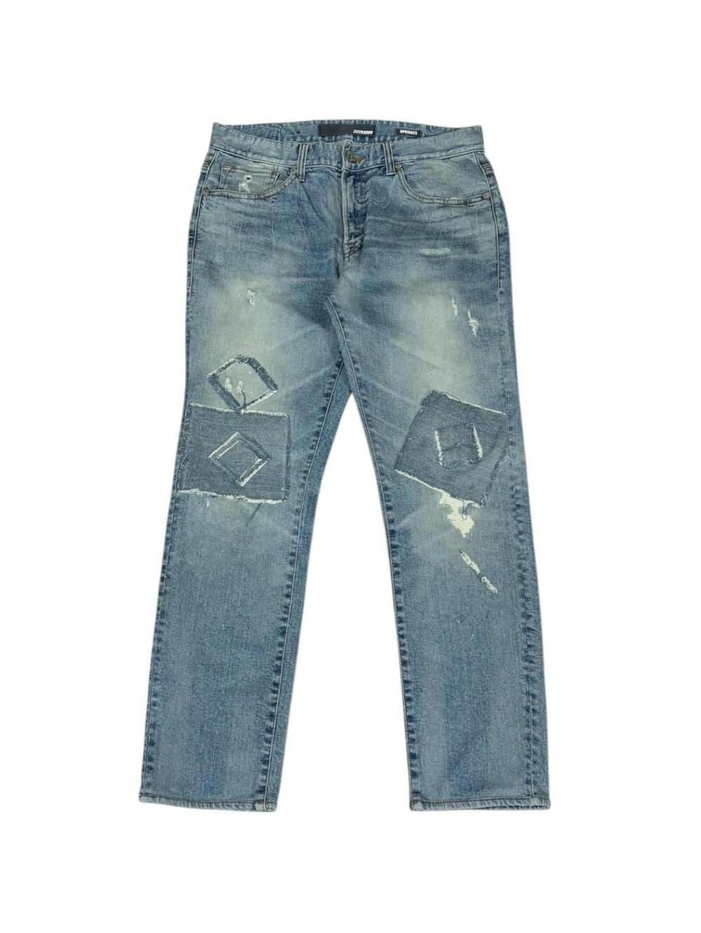 Buckaroo blue denim jeans with unique patches design